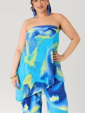 Ashley Stewart Tropical Asymmetric Mesh Tube Top Blue Size 22/24 NWT